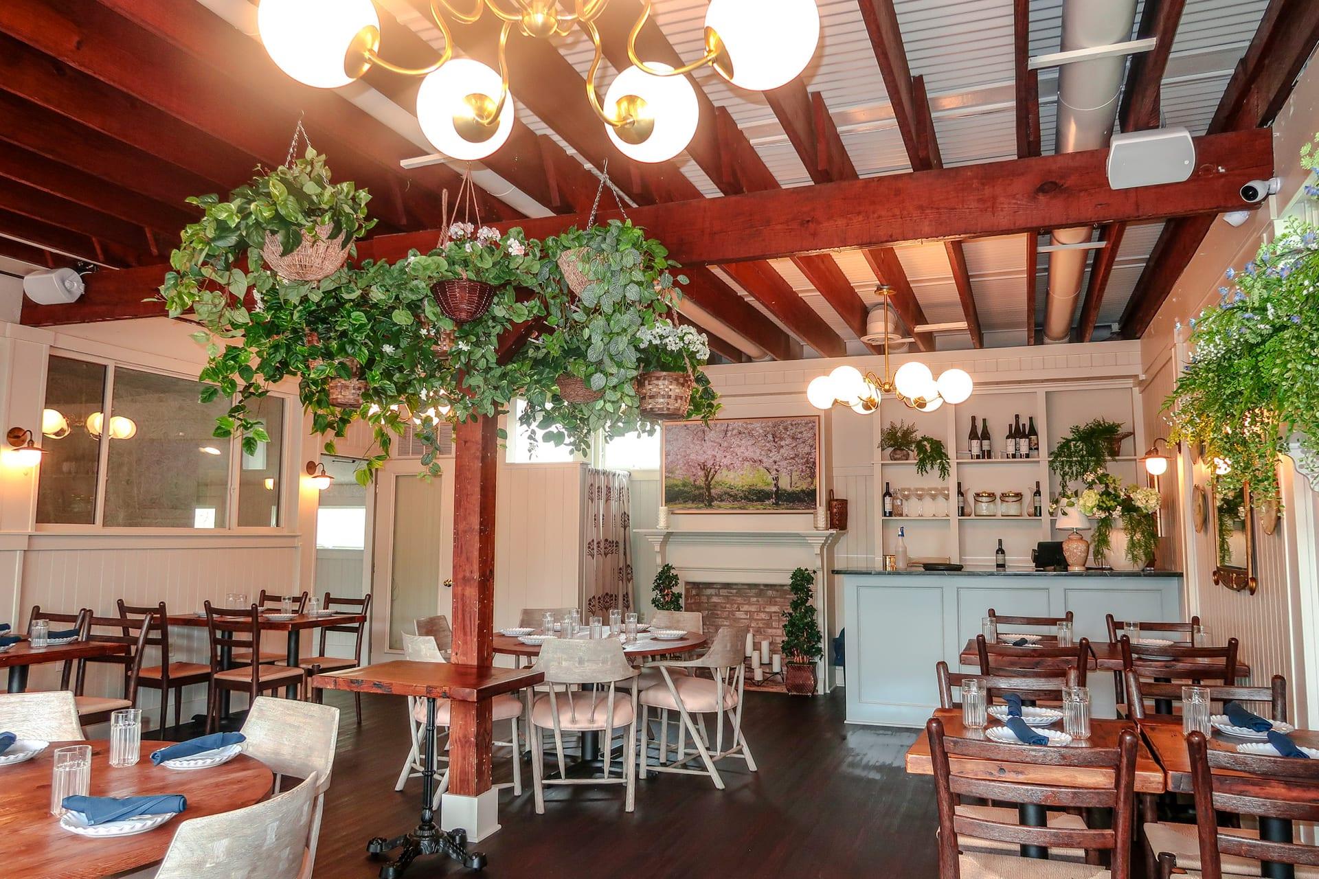 Bright venue interior with wooden beams and plants